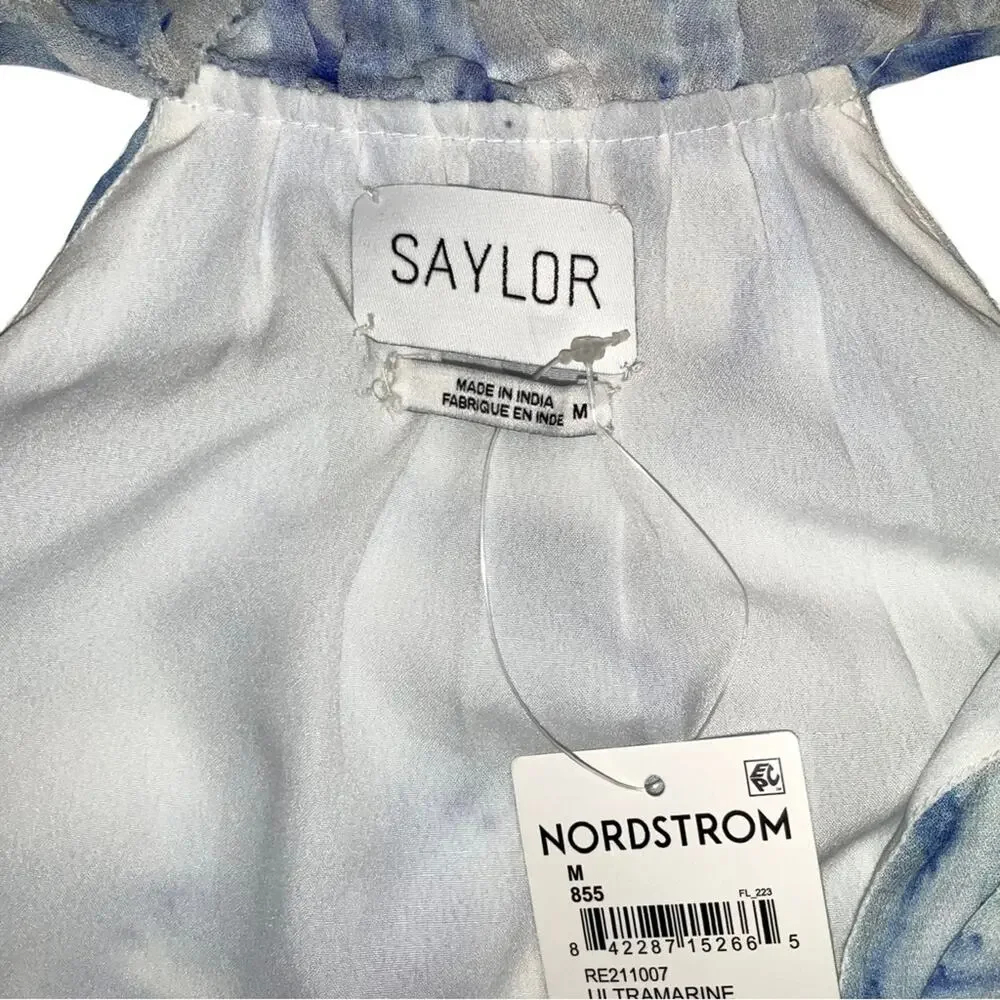 NWT Saylor Annela Sleeveless Tiered Ruffle Midi Dress M in Marble Blue White